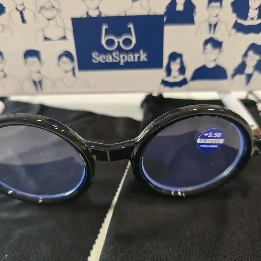 SeaSpark Blue Light Blocking Round Reading Glasses +3.50 Black Frame with Pouch